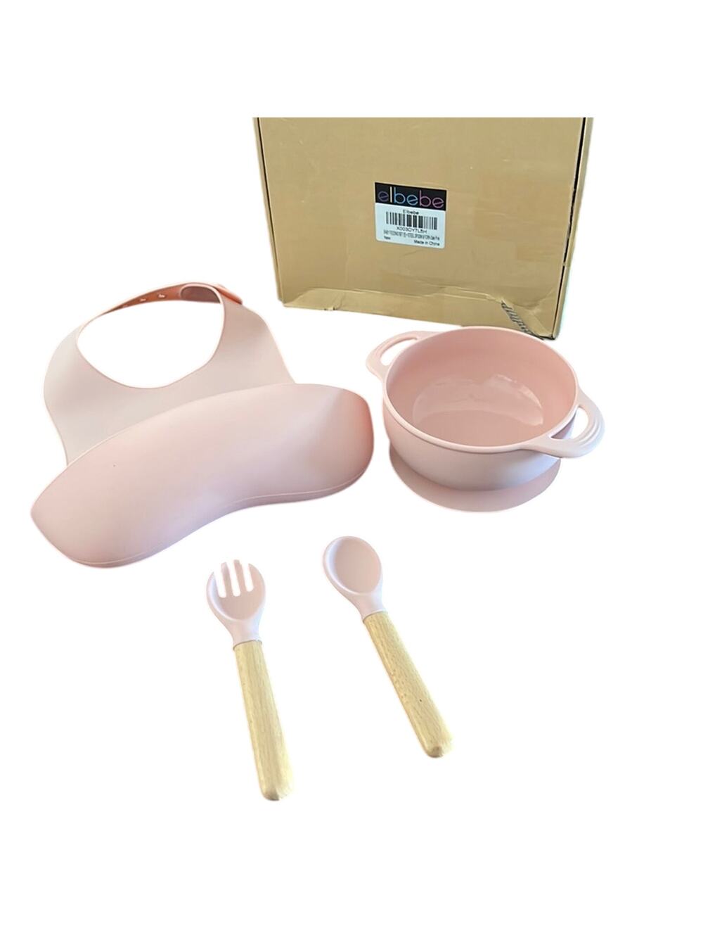 Elbebe Light Pink Silicone Baby Feeding Set Bib Bowl Fork Spoon